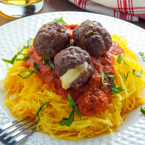 Mozzarella Stuffed Meatballs and Spaghetti Squash Marinara