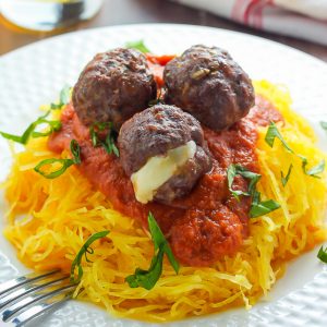 Mozzarella Stuffed Meatballs and Spaghetti Squash Marinara