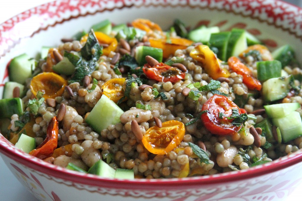 Roasted Tomato and White Bean Couscous with Roasted Garlic & Kalamata Olive Vinaigrette