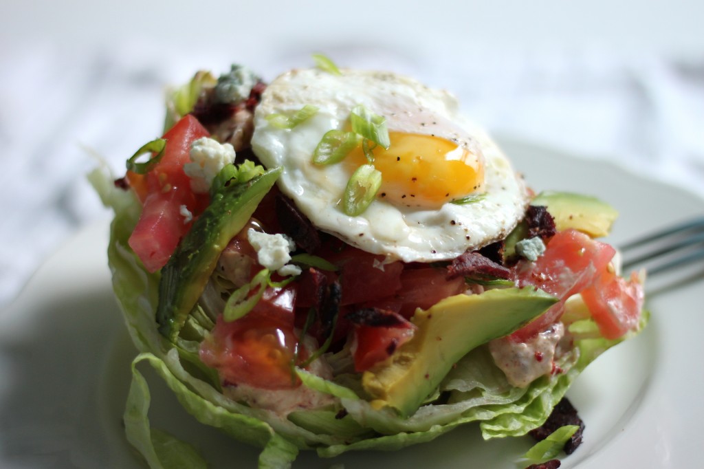 California Breakfast Wedge Salad with Duck Bacon & Maple - Chipotle Blue Cheese Dressing