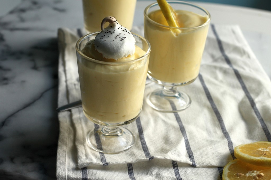 Lemon Pudding with Mini Poppy Seed Meringues