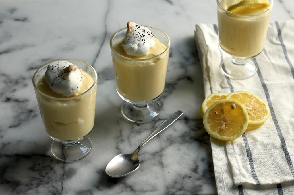 Lemon Pudding with Mini Poppy Seed Meringues