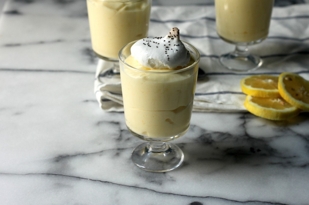 Lemon Pudding with Mini Poppy Seed Meringues
