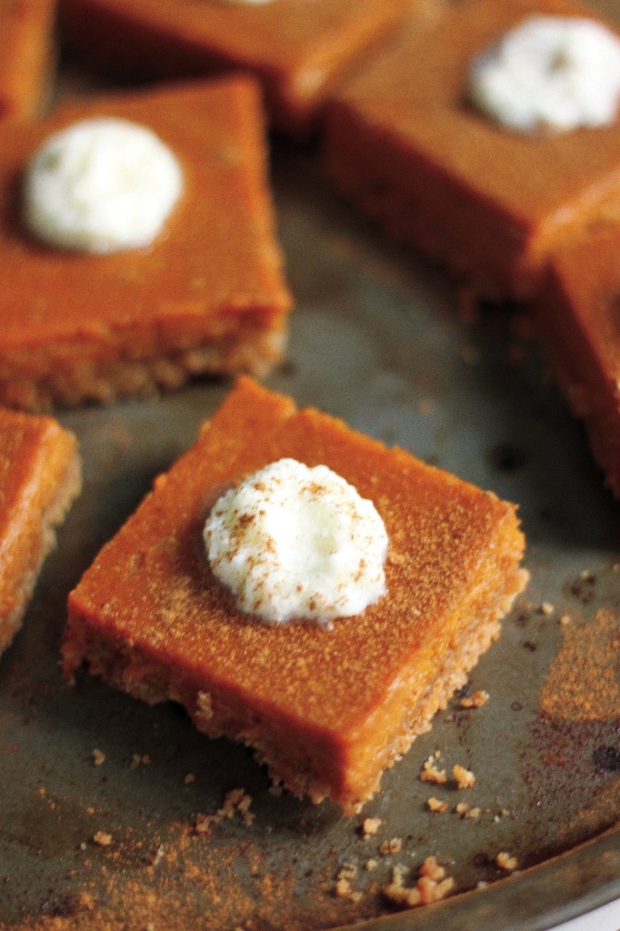 Silky Brown Butter Pumpkin Pie Bars with Brown Butter Pretzel Crust and Bourbon Whipped Cream