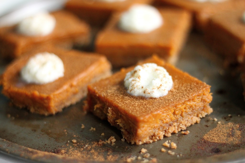 Silky Brown Butter Pumpkin Pie Bars with Brown Butter Pretzel Crust and Bourbon Whipped Cream