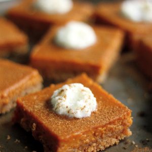 Silky Brown Butter Pumpkin Pie Bars with Brown Butter Pretzel Crust and Bourbon Whipped Cream