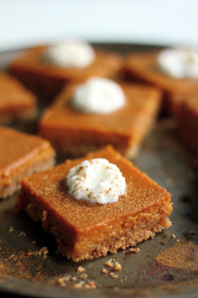 Silky Brown Butter Pumpkin Pie Bars with Brown Butter Pretzel Crust and Bourbon Whipped Cream