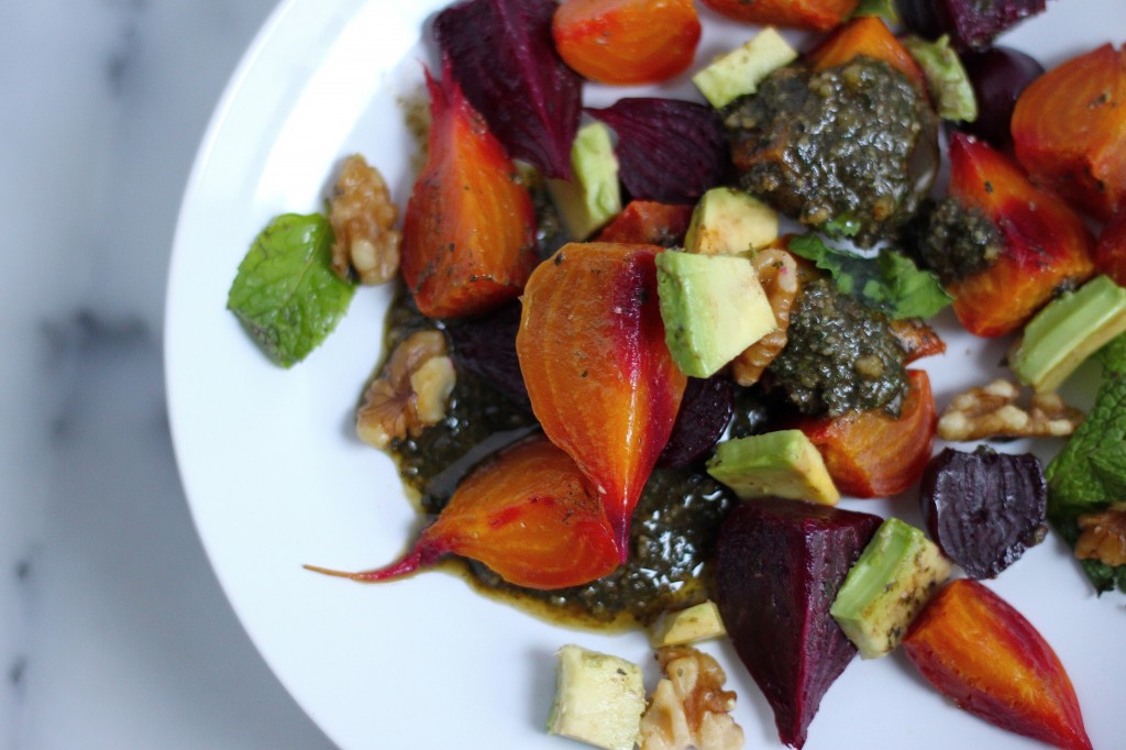 Baby Beet & Avocado Salad with Walnut-Mint Pesto