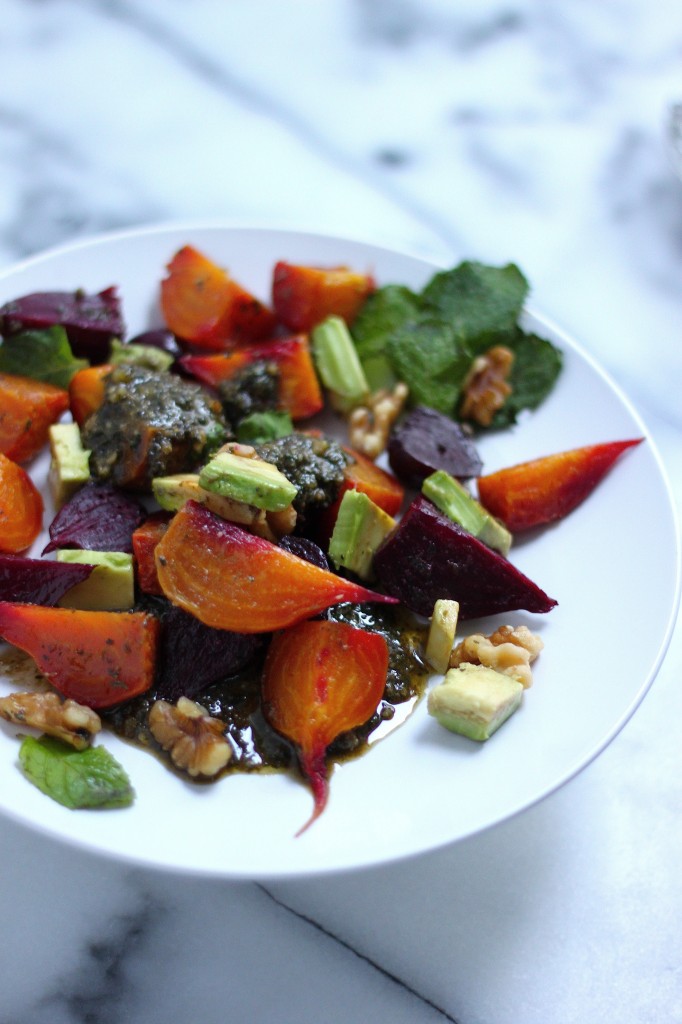 Baby Beet & Avocado Salad with Walnut-Mint Pesto