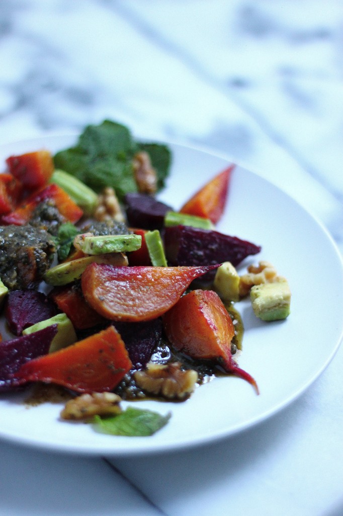 Baby Beet & Avocado Salad with Walnut-Mint Pesto