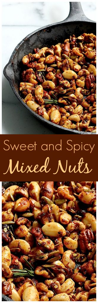 A simple snack of sweet and spicy mixed nuts. Great for parties!