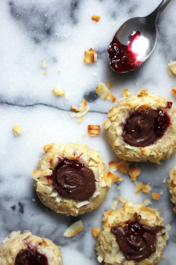 Nutella & Raspberry Jam Coconut Thumbprint Cookies