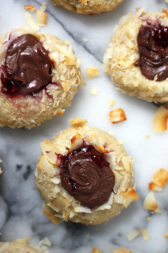 Nutella & Raspberry Jam Coconut Thumbprint Cookies