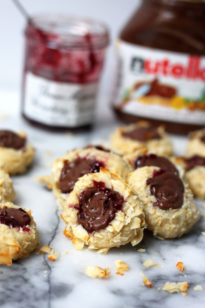 Nutella & Raspberry Jam Coconut Thumbprint Cookies