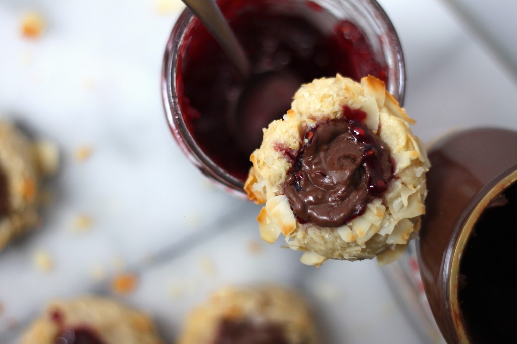 Nutella & Raspberry Jam Coconut Thumbprint Cookies