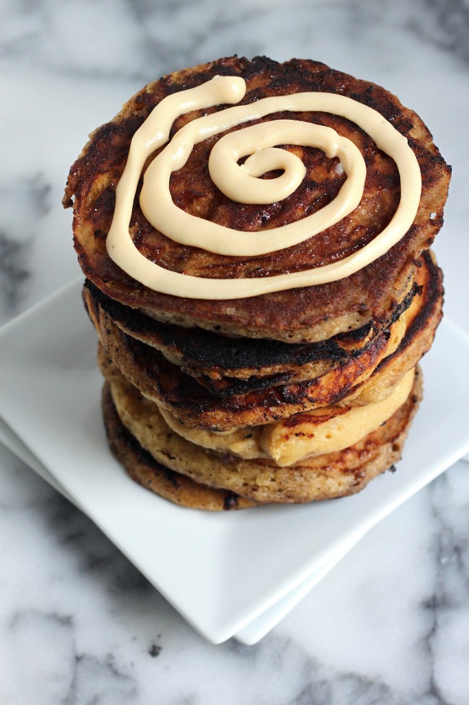 Eggnog Cinnamon Roll Pancakes