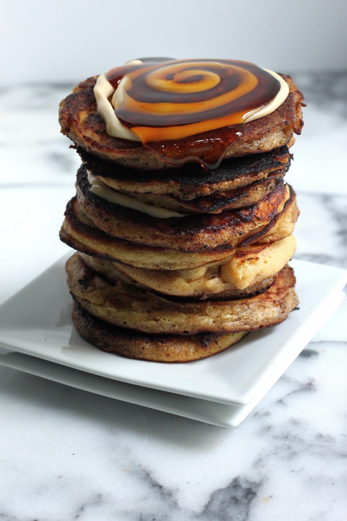 Eggnog Cinnamon Roll Pancakes