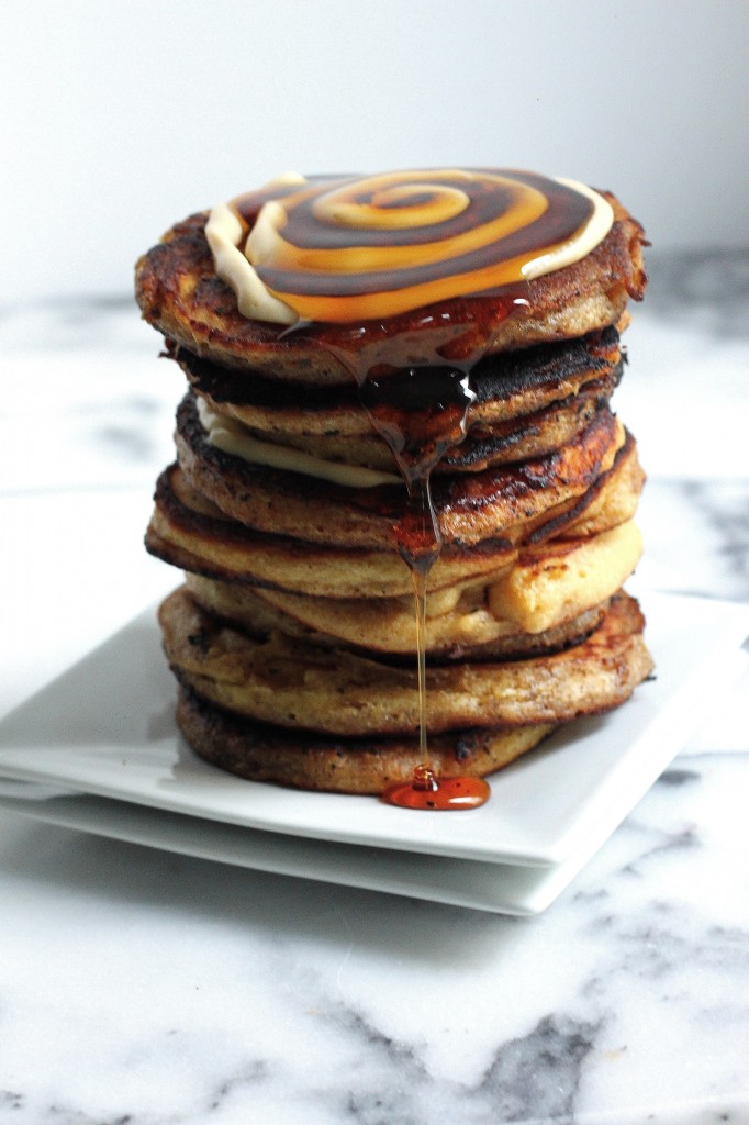 Eggnog Cinnamon Roll Pancakes
