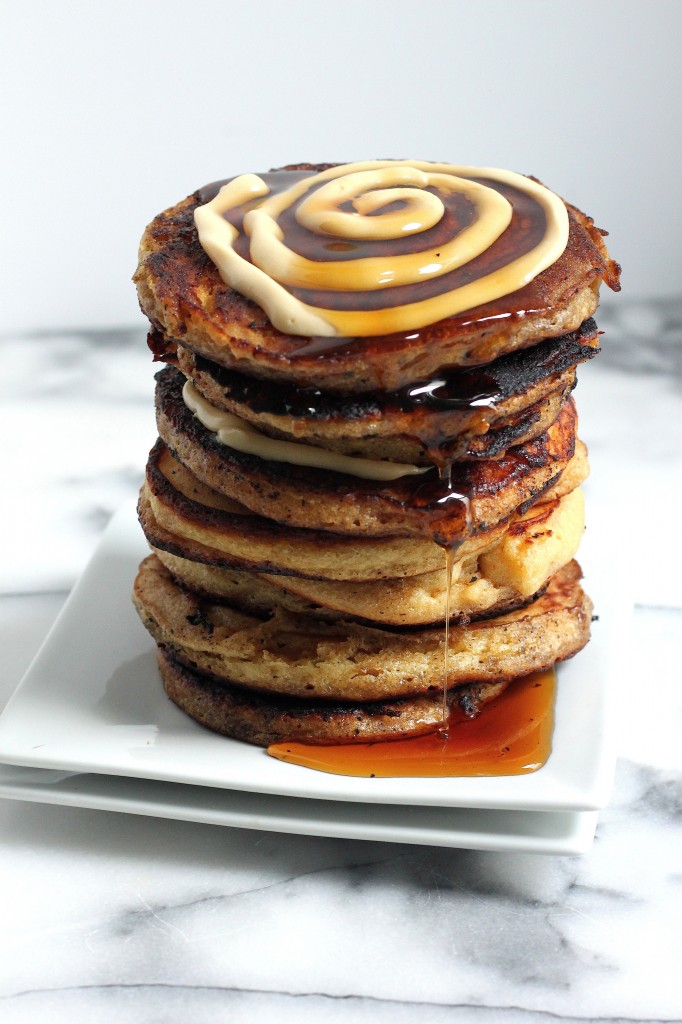 Eggnog Cinnamon Roll Pancakes