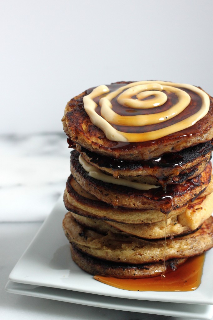 Eggnog Cinnamon Roll Pancakes