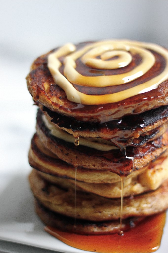 Eggnog Cinnamon Roll Pancakes