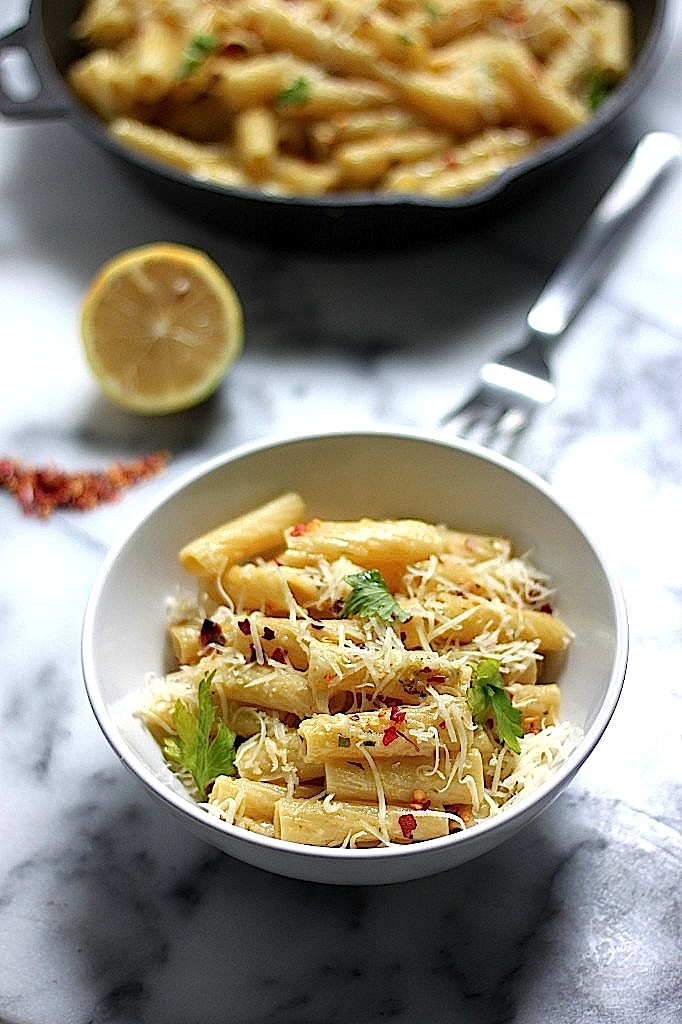 Roasted Garlic and Lemon Rigatoni with Brown Butter and Gruyere