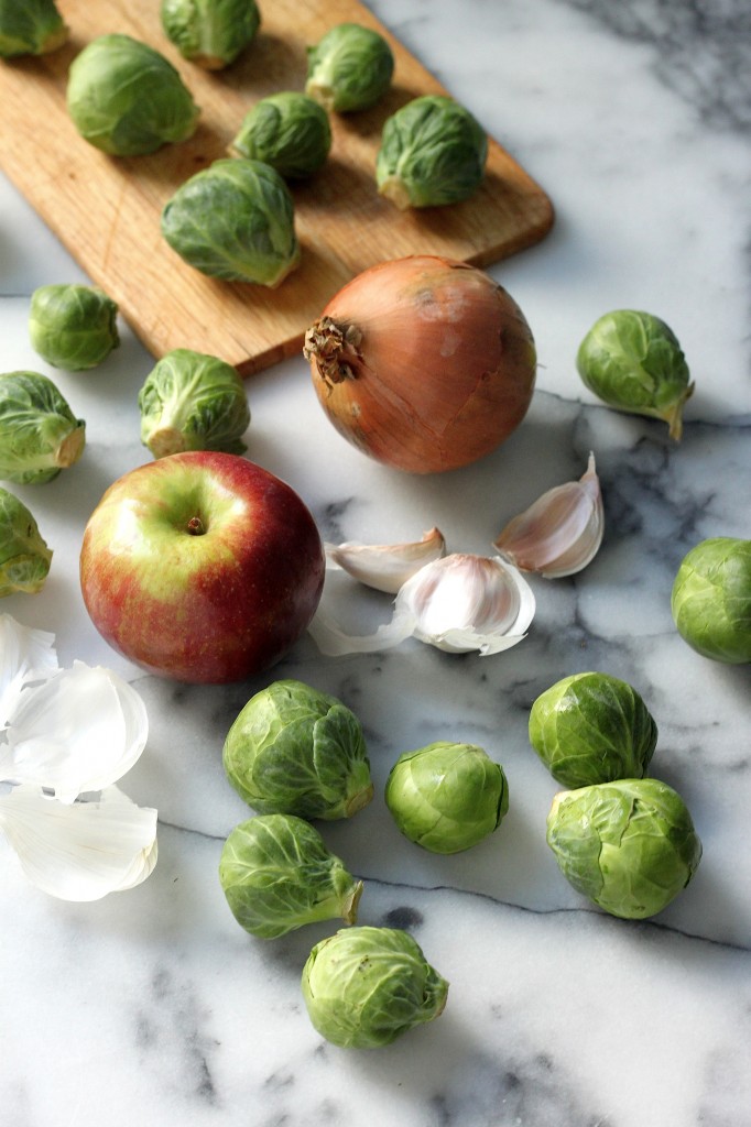 Brown Sugar Rosemary Pork Chops with Caramelized Brussels Sprout, Onion, and Apple Slaw