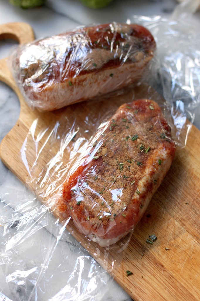 Brown Sugar Rosemary Pork Chops with Caramelized Brussels Sprout, Onion, and Apple Slaw