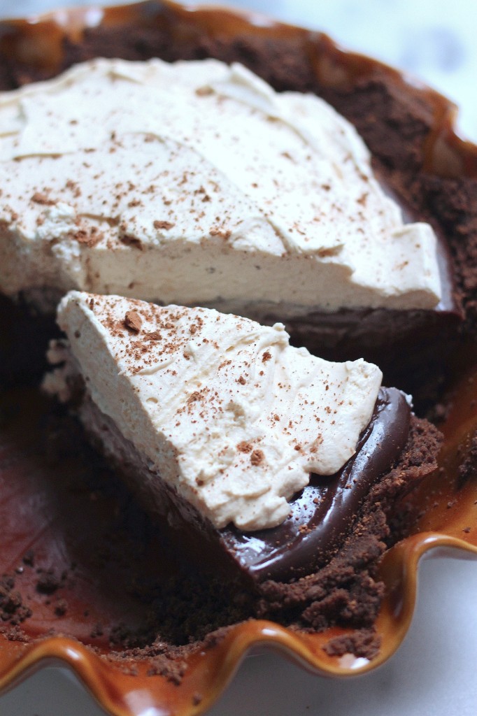 Malted Chocolate Pudding Pie with Chocolate Animal Cracker Crust and Kahlua Whipped Cream