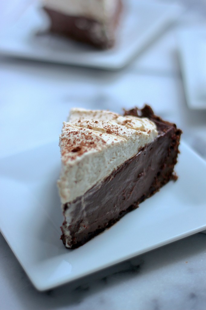 Malted Chocolate Pudding Pie with Chocolate Animal Cracker Crust and Kahlua Whipped Cream