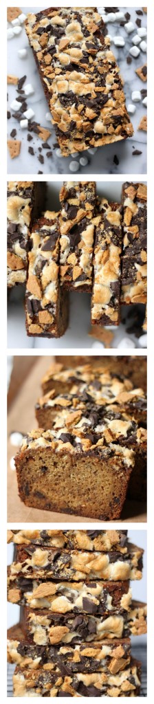 Kahlua Caramel S'mores Banana Bread - Super moist banana bread is packed with kahlua flavor and studded with marshmallows, chocolate, and graham cracker bits!