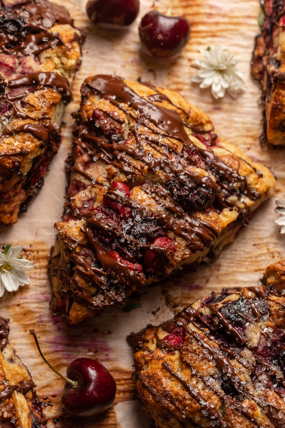 Golden brown, loaded with juicy cherries, and drizzled with dark chocolate, these Chocolate Covered Cherry Scones are a total showstopper! Perfect for breakfast or brunch and so good with a cup of coffee! For an extra chocolate kick, add a 1/2 cup of mini chocolate chips!