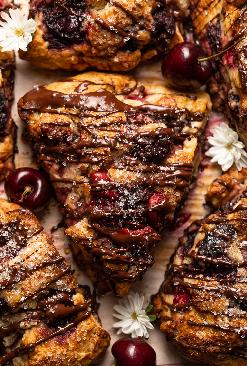 Golden brown, loaded with juicy cherries, and drizzled with dark chocolate, these Chocolate Covered Cherry Scones are a total showstopper! Perfect for breakfast or brunch and so good with a cup of coffee! For an extra chocolate kick, add a 1/2 cup of mini chocolate chips!