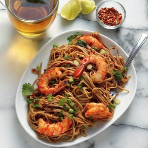 Shrimp Soba Noodles on a plate.