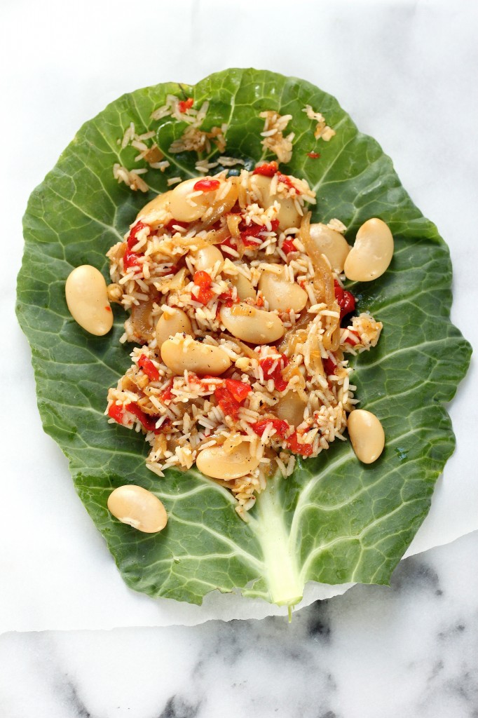 Collard Burritos with Roasted Red Pepper "Fried Rice", Butter Beans, and Caramelized Onions