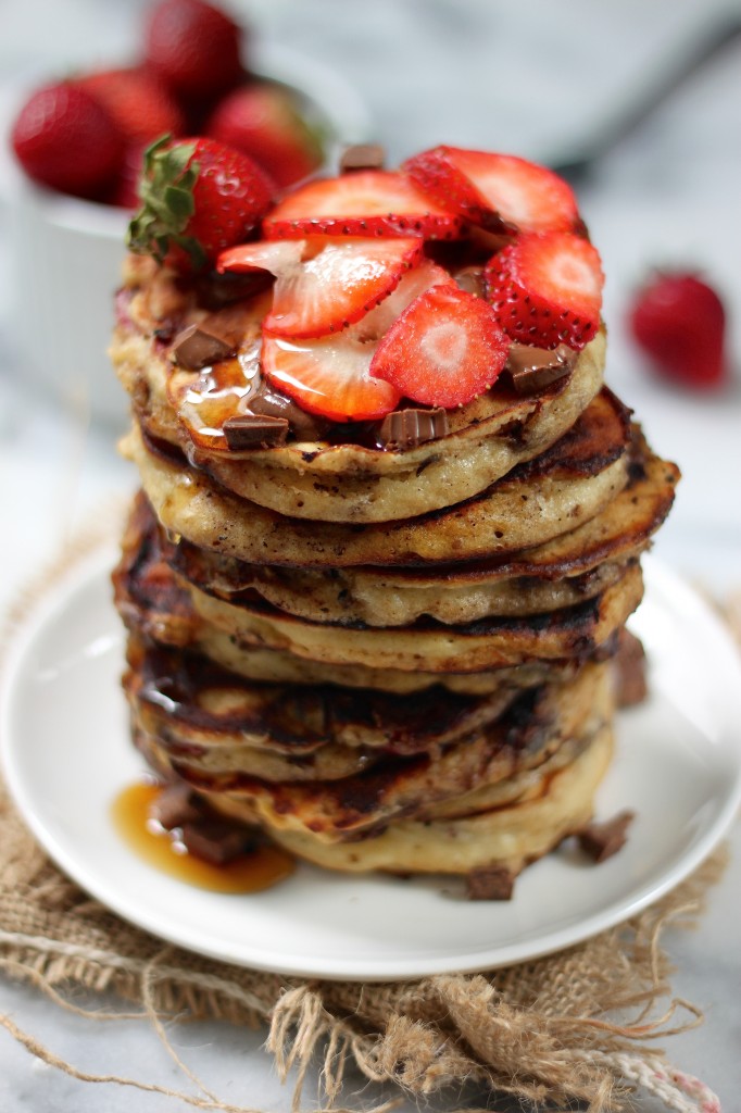 Strawberry Chocolate Chunk Ricotta Pancakes