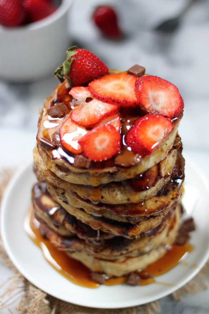 Strawberry Chocolate Chunk Ricotta Pancakes