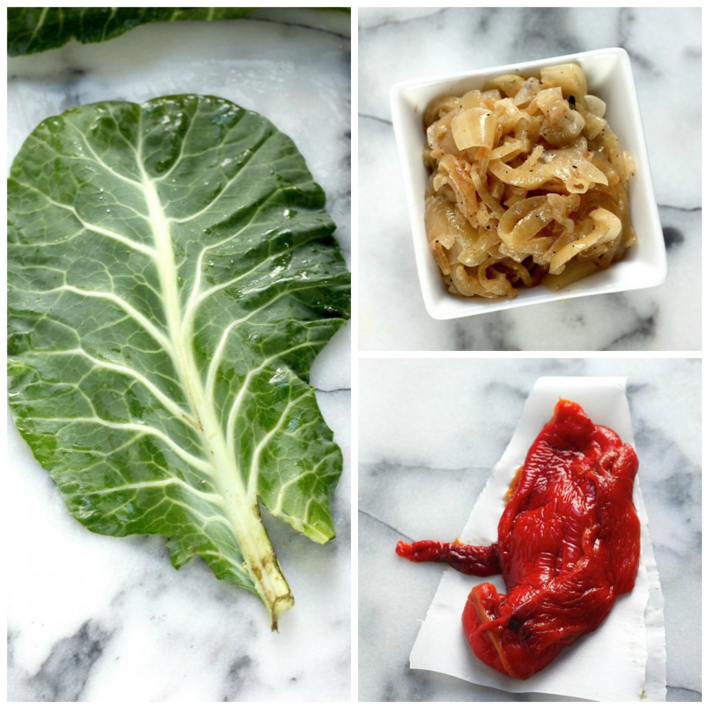 Collard Burritos with Roasted Red Pepper "Fried Rice", Butter Beans, and Caramelized Onions