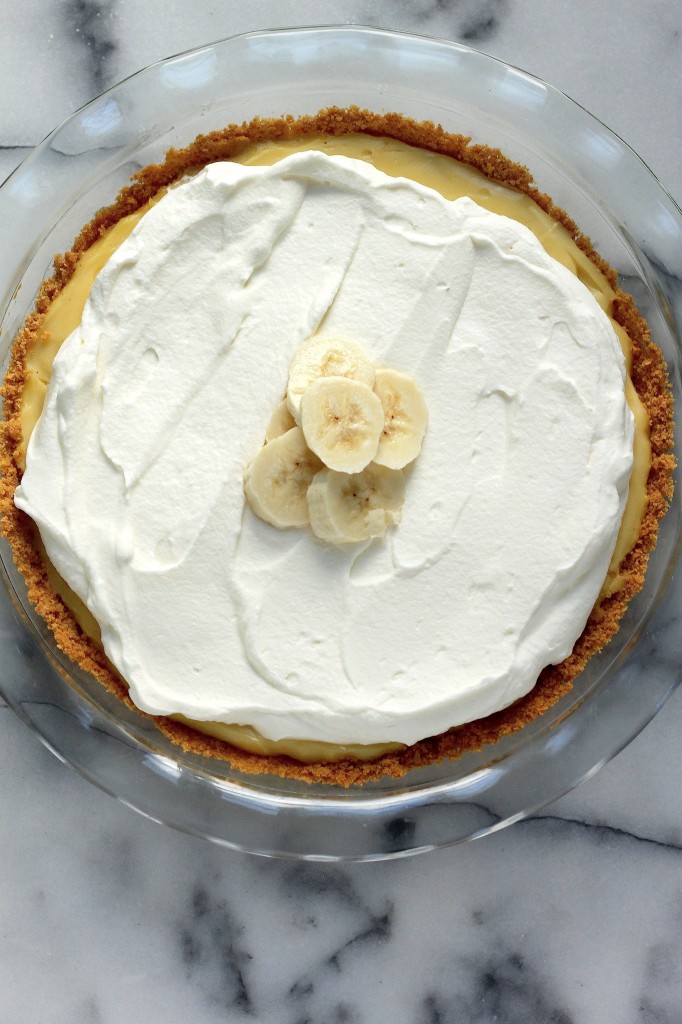 Boozy Banana Cream Pie in pie plate. 