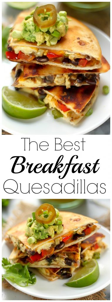 The BEST Breakfast Quesadillas stuffed with eggs, black beans, peppers, and onions!