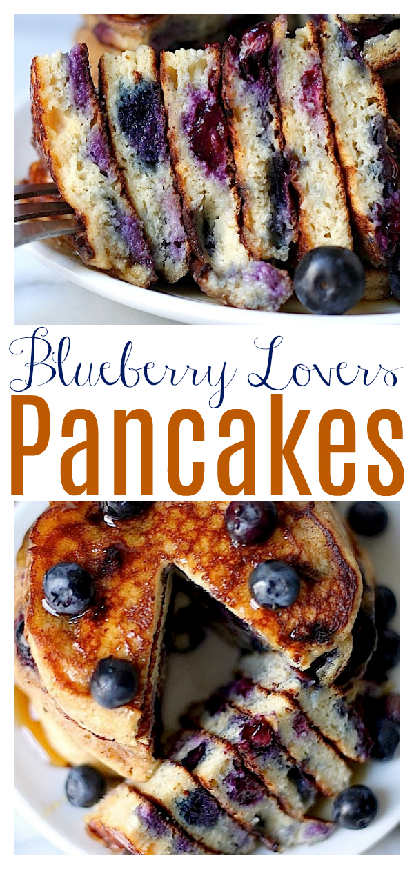 The Blueberry Pancakes of Your Dreams are thick, fluffy, and just bursting with fresh blueberries! Delicious with a drizzle of maple syrup or even ice cream! These golden brown blueberry pancakes are the perfect breakfast recipe to whip up this weekend!