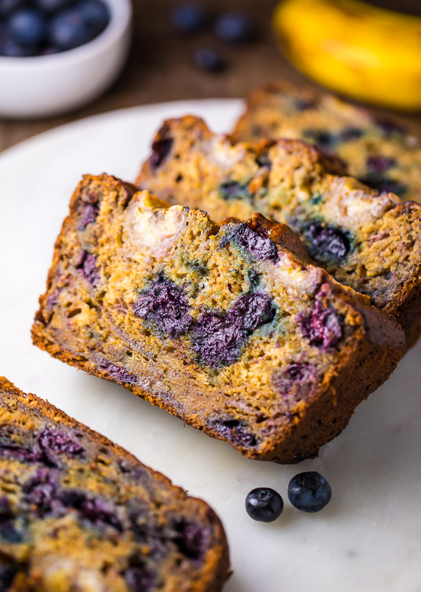 Whole wheat blueberry banana bread loaf.