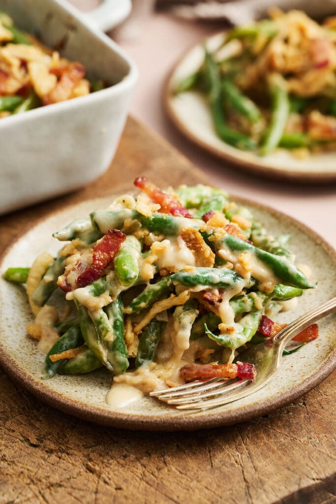Plate with green bean casserole on it.