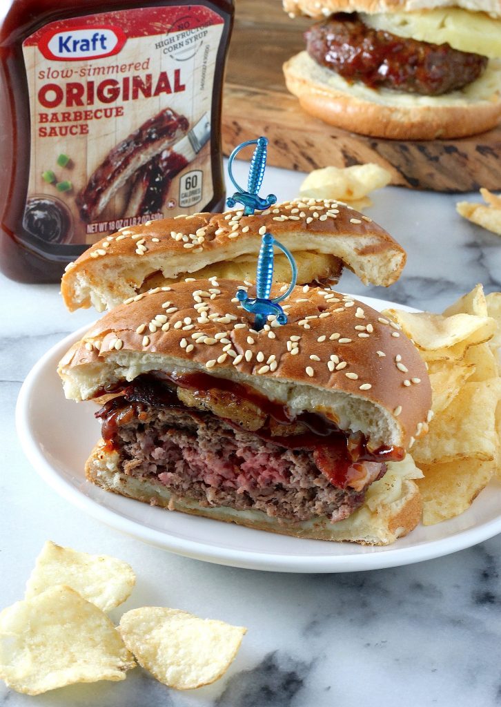 Grilled Barbecue Burgers with Smoked Mozzarella, Pineapple, and Bacon