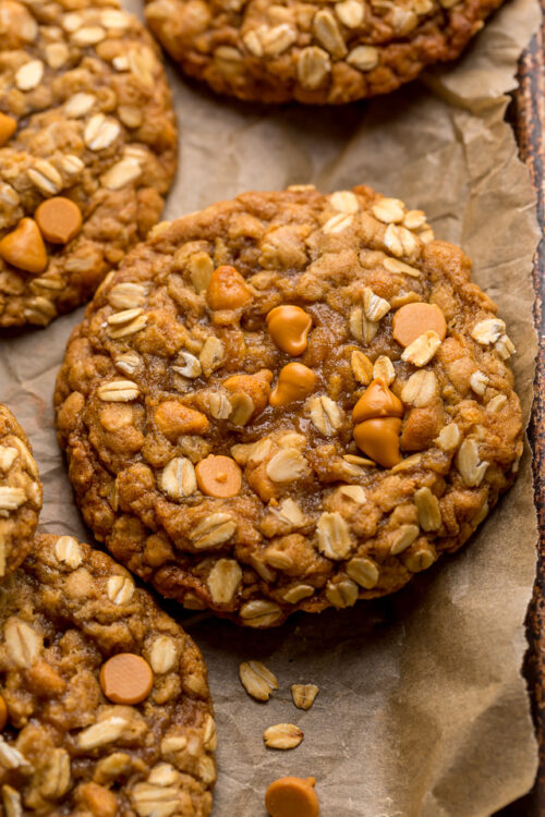 Butterscotch oatmeal cookies on a baking sheet.