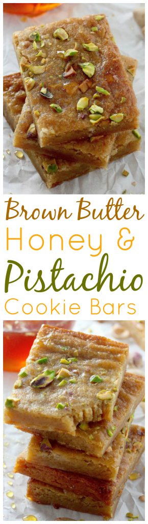 Thick and chewy Brown Butter Honey Pistachio Bars are perfect for holiday gifting!