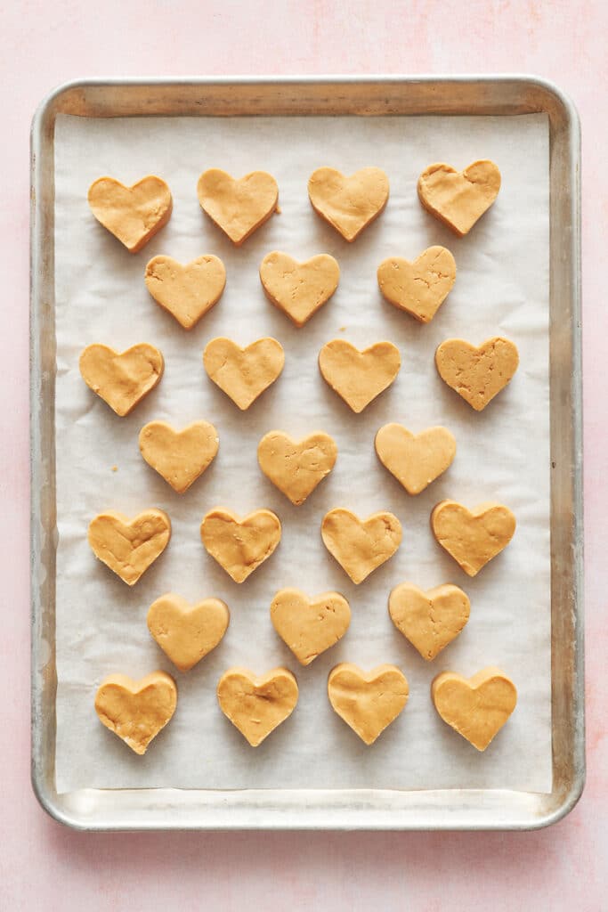 Dough cut into hearts Reese's peanut butter hearts.