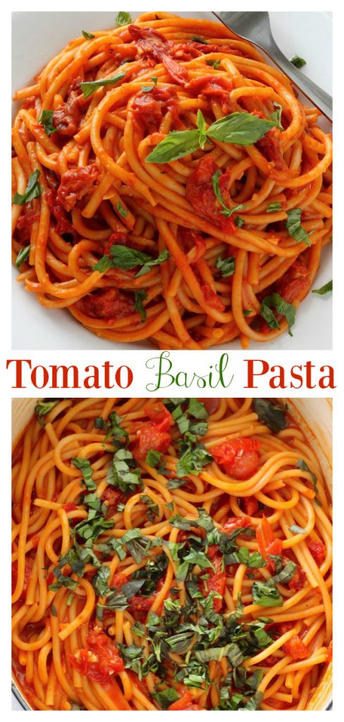 This One Pan Tomato Basil Pasta is so easy and flavorful!!! And because everything is made in a large stock pot, clean up is minimal. Serve garnished with Parmesan cheese and fresh basil leaves.