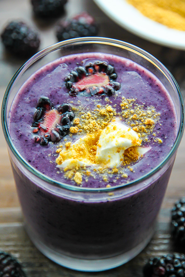 Loaded with blackberries, creamy yogurt, honey, and just a touch of cinnamon - this healthy, delicious smoothie tastes just like blackberry cobbler. One of my favorite smoothies ever!