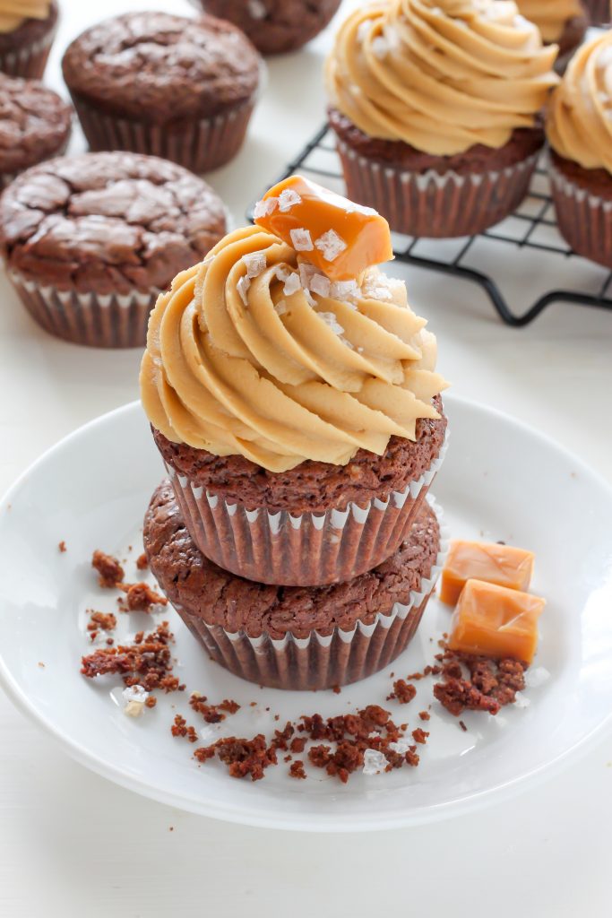 Dark Chocolate Brownie Cupcakes with Salted Caramel Frosting